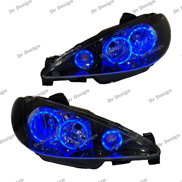 چراغ جلو اسپرت 206 طرح سه حلقه آبی داخل مشکی