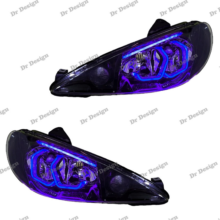 چراغ جلو اسپرت 206 مدرن طرح هگزا سه بعدی بنفش دو حالته داخل مشکی