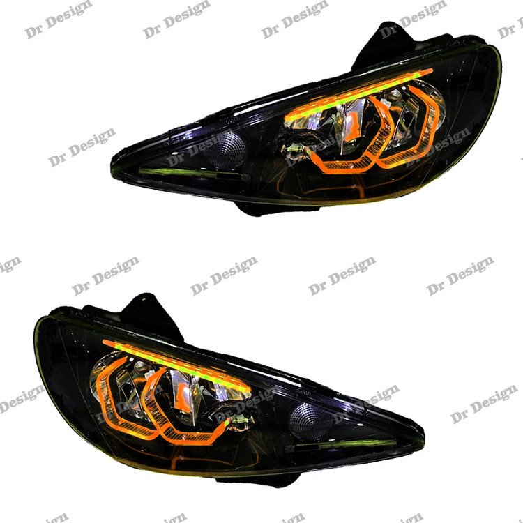 چراغ جلو اسپرت 206 طرح هگزا سه بعدی انبه ای دو حالته داخل مشکی