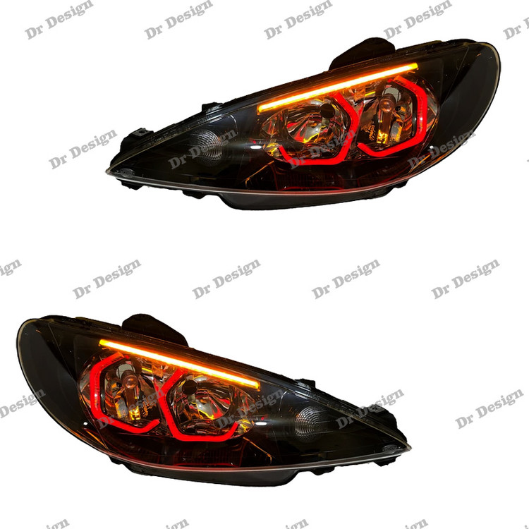 چراغ جلو اسپرت 206 طرح هگزا سه بعدی قرمز دو حالته داخل مشکی