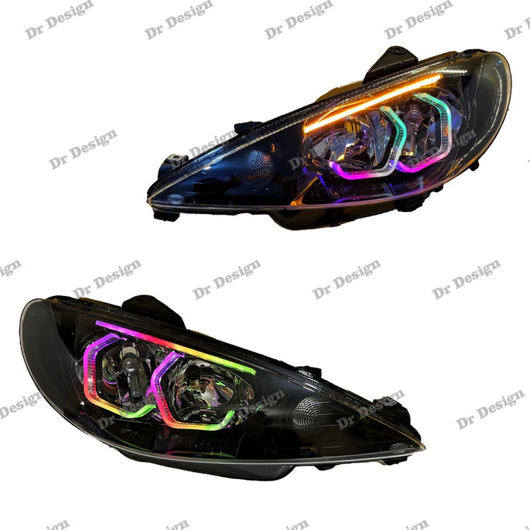 چراغ جلو اسپرت 206 طرح هگزا سه بعدی فولکالر دو حالته داخل مشکی