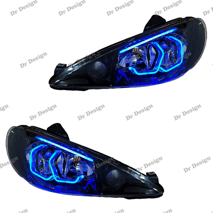 چراغ جلو اسپرت 206 طرح هگزا سه بعدی آبی دو حالته داخل مشکی