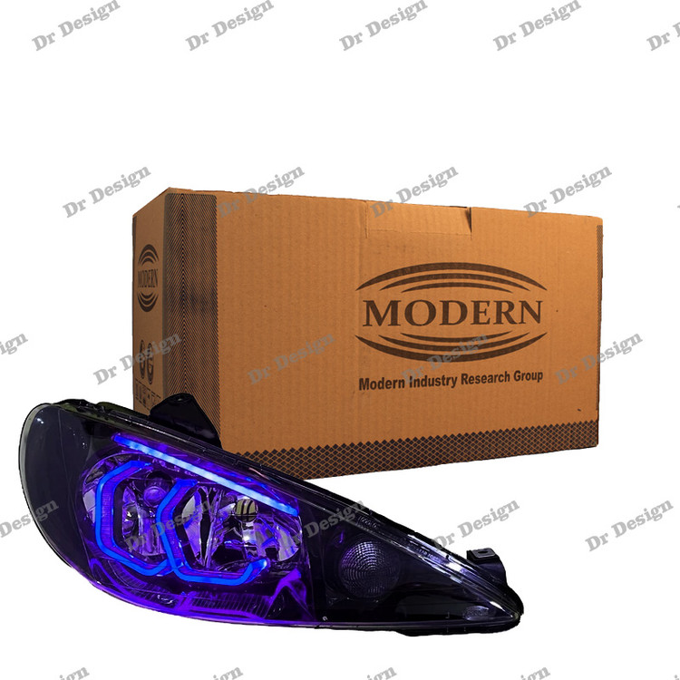 چراغ جلو اسپرت 206 مدرن طرح هگزا سه بعدی بنفش دو حالته داخل مشکی