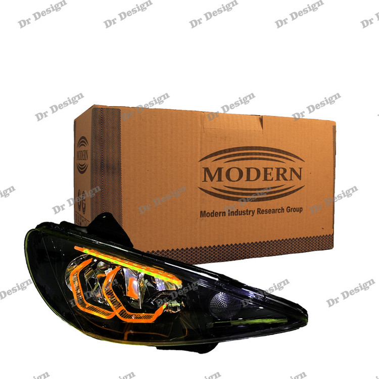 چراغ جلو اسپرت 206 مدرن طرح هگزا سه بعدی انبه ای دو حالته داخل مشکی