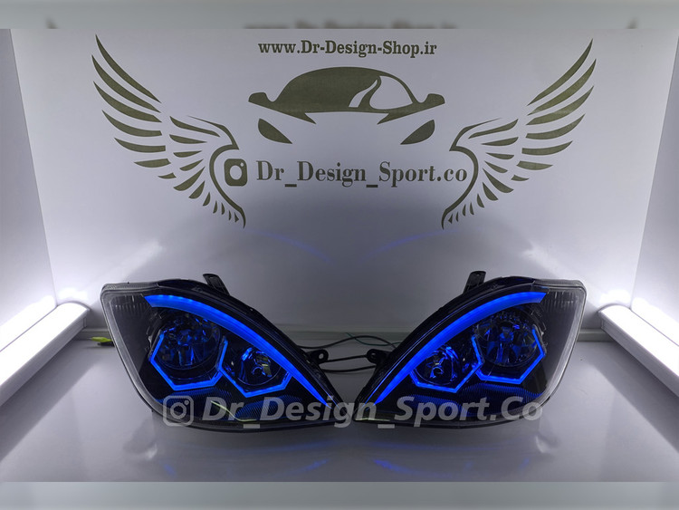 چراغ جلو اسپرت تیبا طرح هگزا آبی داخل مشکی