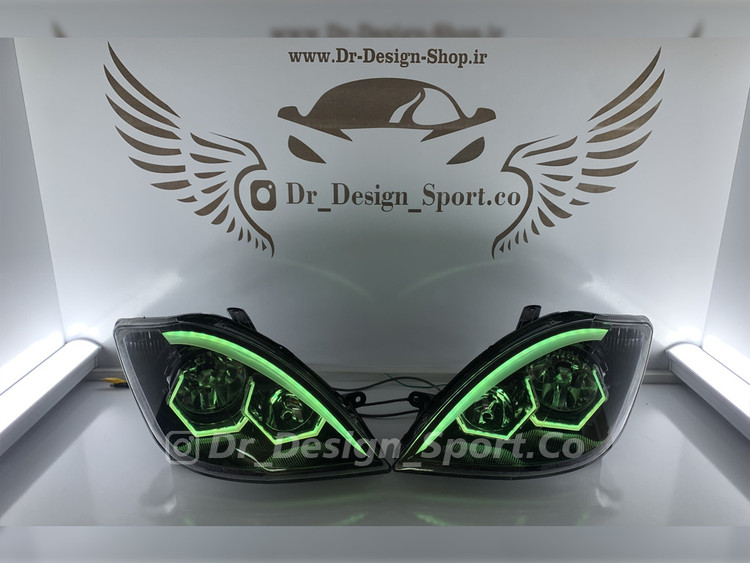 چراغ جلو اسپرت تیبا طرح هگزا سبز داخل مشکی