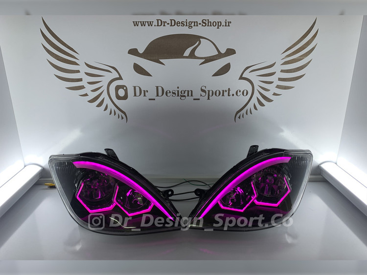 چراغ جلو اسپرت تیبا طرح هگزا صورتی داخل مشکی