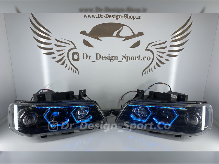 چراغ جلو اسپرت 405 طرح هگزا سه بعدی آبی یخی داخل مشکی