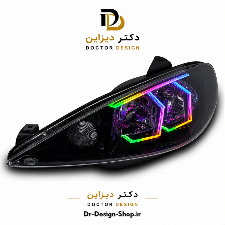 چراغ جلو اسپرت پژو 206 مدل 3D Hexa دو حالته برند مدرن | بسته 2 عددی