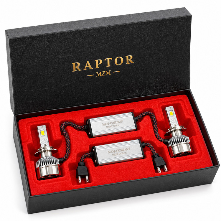 هدلایت خودرو برند MZM مدل RAPTOR پایه H7 نور سفید یخی | بسته ۲ عددی